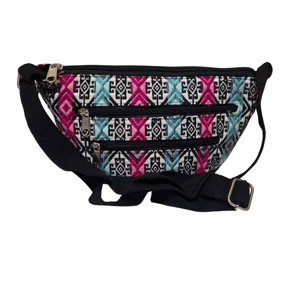Boho Tribal Geometric Fanny Pack Waist Bag Pink Turquoise Festival Canvas